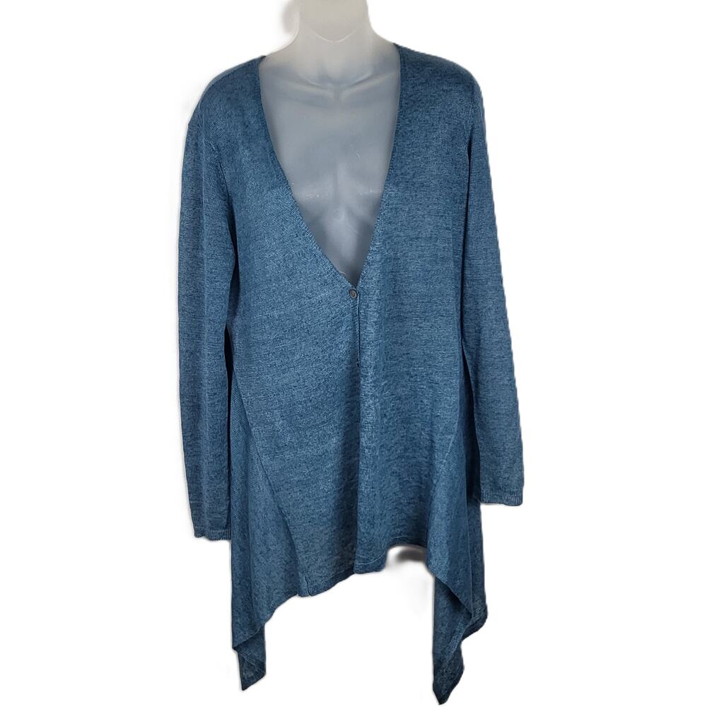Eileen Fisher Asymmetric Organic Linen Long Sleeve Cardigan Sweater Blue M $218